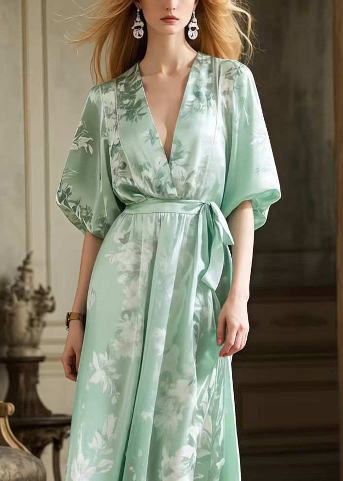 Vintage Light Green Tie Waist Print Silk Long Dress Summer