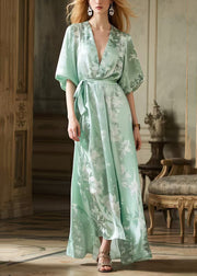 Vintage Light Green Tie Waist Print Silk Long Dress Summer