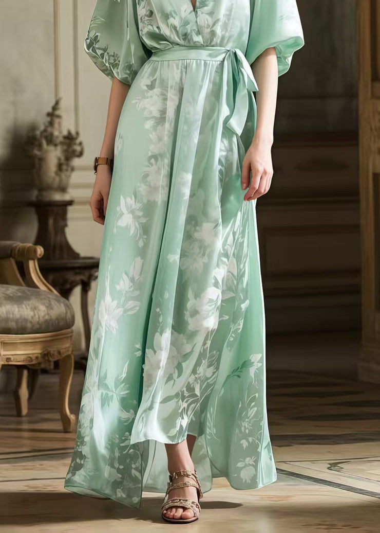 Vintage Light Green Tie Waist Print Silk Long Dress Summer