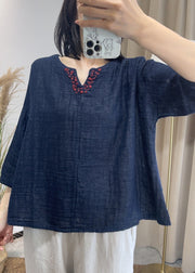 Vintage Loose Navy V Neck Patchwork Cotton Top Summer