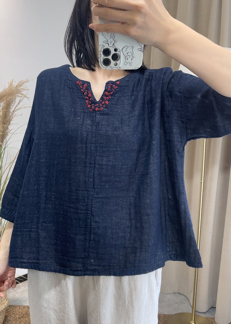Vintage Loose Navy V Neck Patchwork Cotton Top Summer