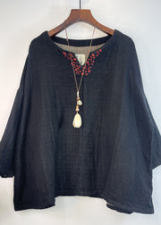 Vintage Loose Navy V Neck Patchwork Cotton Top Summer