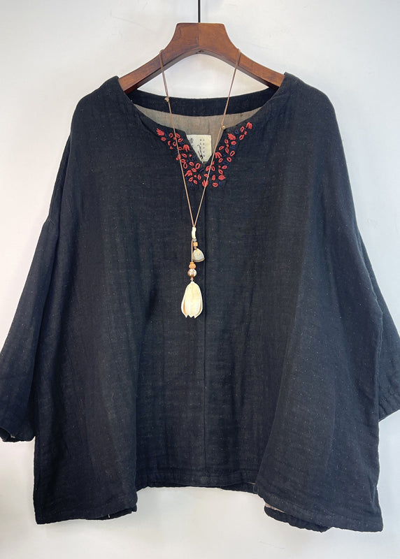 Vintage Loose Navy V Neck Patchwork Cotton Top Summer