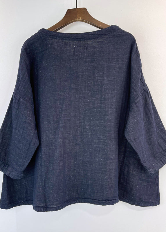 Vintage Loose Navy V Neck Patchwork Cotton Top Summer