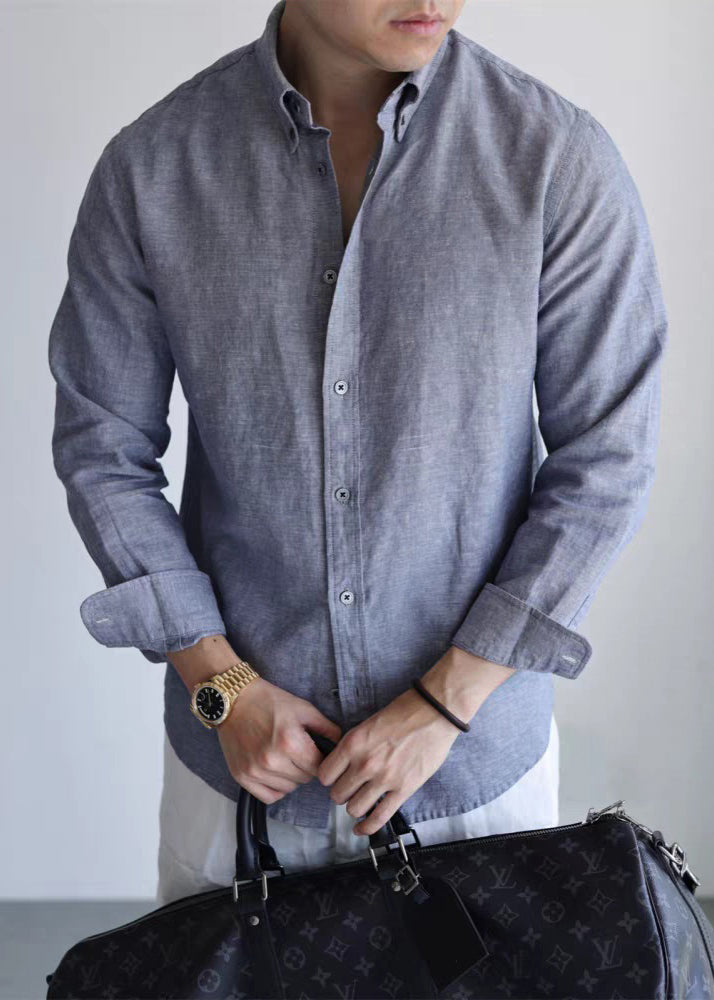 Vintage Mist Gray Peter Pan Collar Button Linen Men Shirts Fall