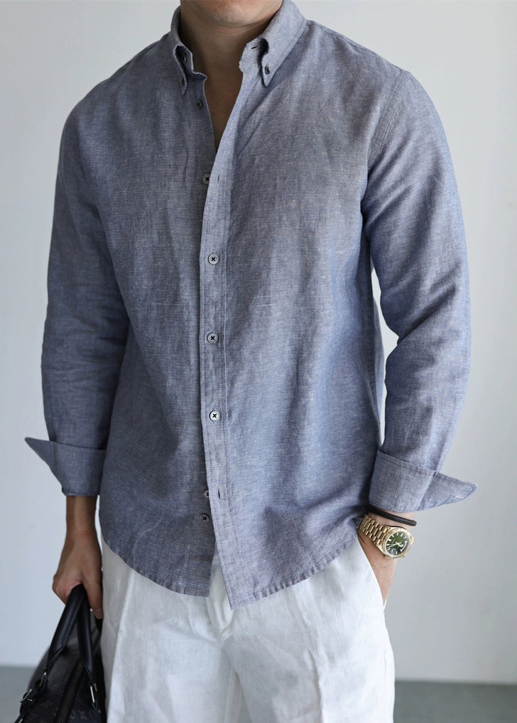 Vintage Mist Gray Peter Pan Collar Button Linen Men Shirts Fall