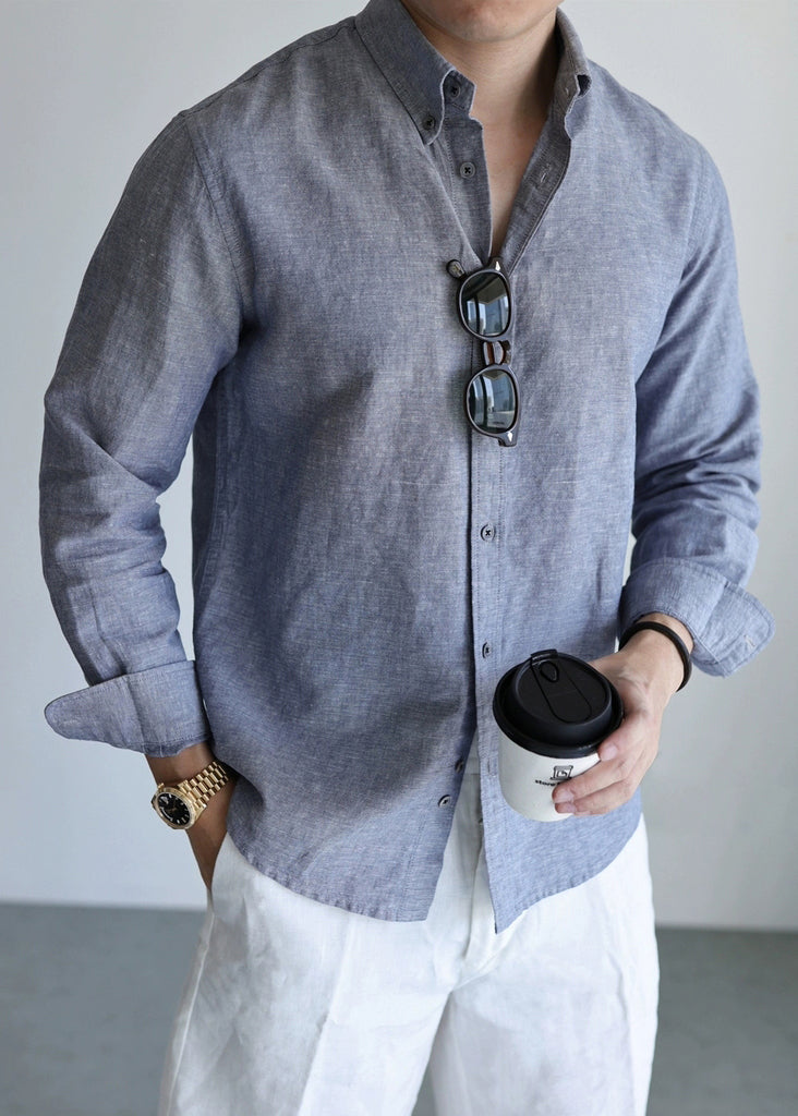 Vintage Mist Gray Peter Pan Collar Button Linen Men Shirts Fall