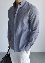 Vintage Mist Gray Peter Pan Collar Button Linen Men Shirts Fall
