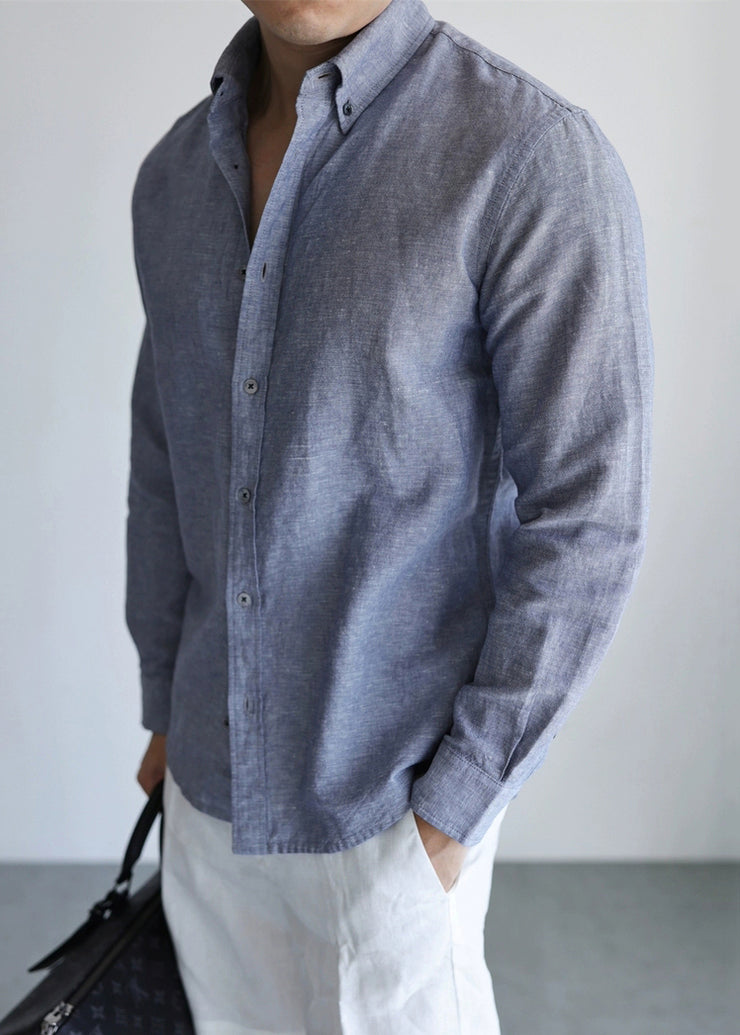 Vintage Mist Gray Peter Pan Collar Button Linen Men Shirts Fall