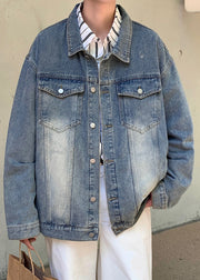 Vintage Mud Yellow Peter Pan Collar Button Denim Mens Coats Spring
