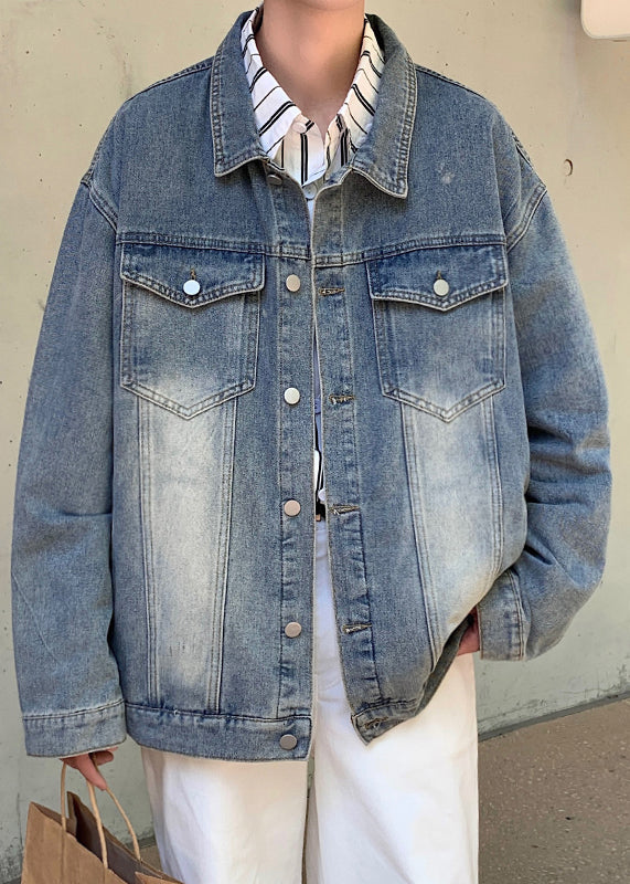 Vintage Mud Yellow Peter Pan Collar Button Denim Mens Coats Spring
