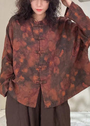 Vintage Mulberry Stand Collar Print Chinese Button Linen Blouses Spring