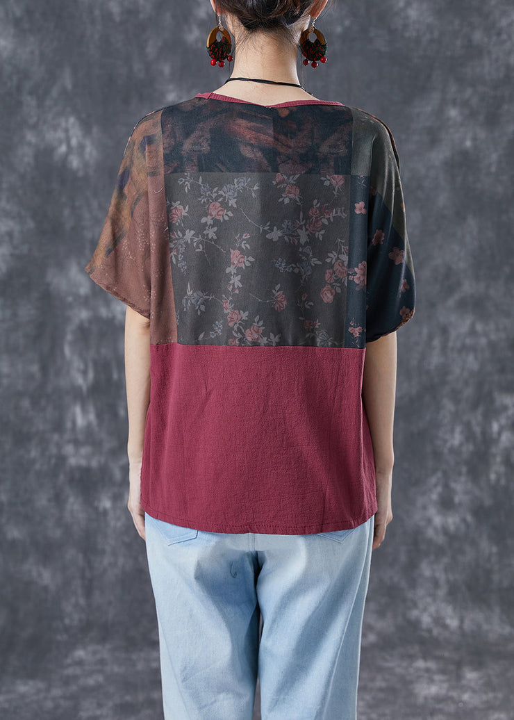 Modern Mulberry V Neck Patchwork Print Fall Tops Three Quarter sleeve