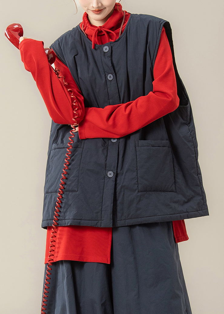 Vintage Navy Blue Patchwork Fine Cotton Filled Waistcoat And Red Top Two Piece Set Winter