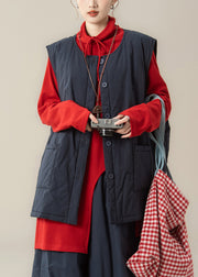 Vintage Navy Blue Patchwork Fine Cotton Filled Waistcoat And Red Top Two Piece Set Winter