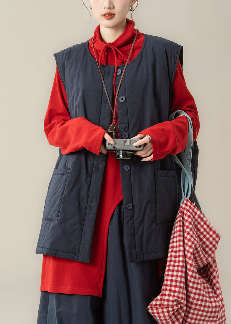 Vintage Navy Blue Patchwork Fine Cotton Filled Waistcoat And Red Top Two Piece Set Winter