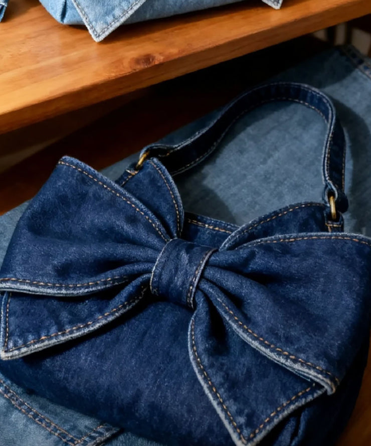 Vintage Navy Bow Solid Durable Denim Shoulder Bags