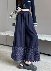 Vintage Navy Embroidered Floral Cotton Crop Pants Fall