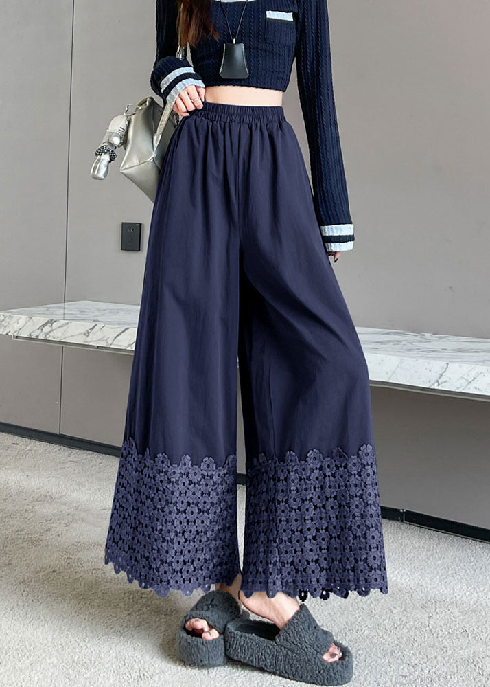 Vintage Navy Embroidered Floral Cotton Crop Pants Fall