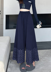 Vintage Navy Embroidered Floral Cotton Crop Pants Fall