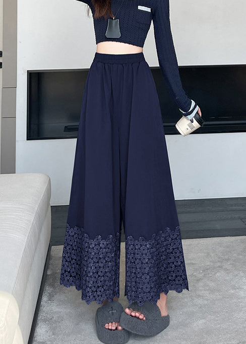 Vintage Navy Embroidered Floral Cotton Crop Pants Fall