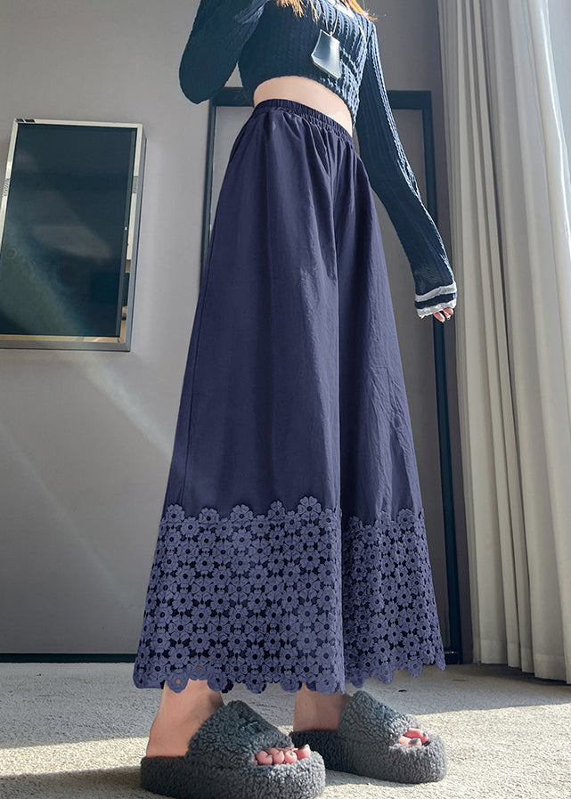 Vintage Navy Embroidered Floral Cotton Crop Pants Fall