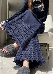 Vintage Navy Embroidered Floral Cotton Crop Pants Fall