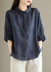 Vintage Navy Peter Pan Collar Print Cotton Shirt Top Summer