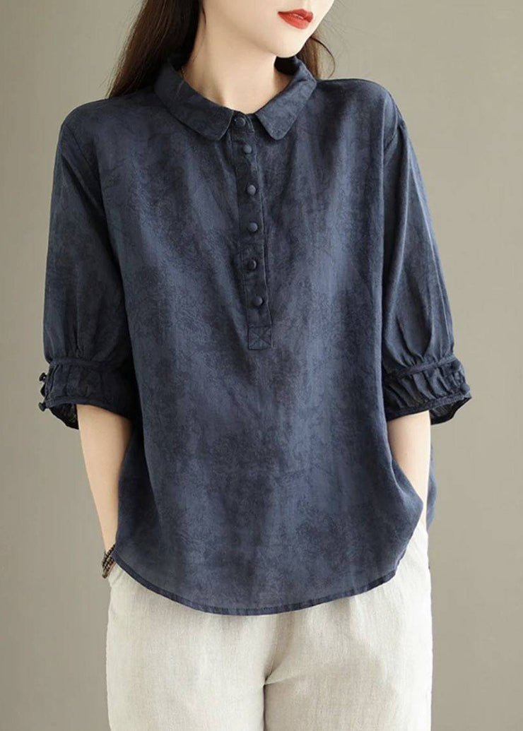 Vintage Navy Peter Pan Collar Print Cotton Shirt Top Summer