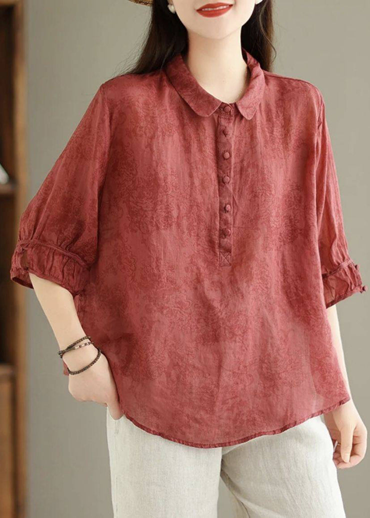 Vintage Navy Peter Pan Collar Print Cotton Shirt Top Summer