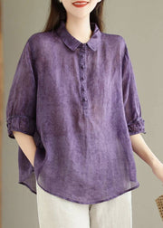 Vintage Navy Peter Pan Collar Print Cotton Shirt Top Summer