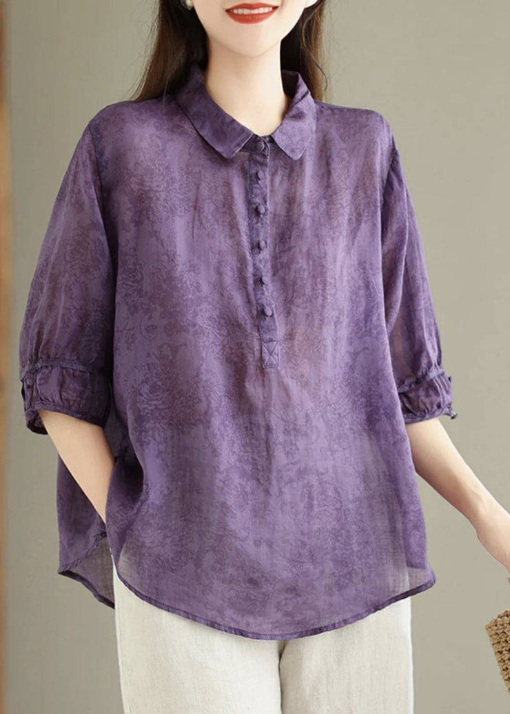 Vintage Navy Peter Pan Collar Print Cotton Shirt Top Summer