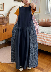 Vintage Navy Pockets Patchwork Cotton Tank Dresses Sleeveless