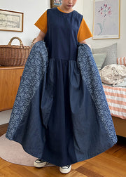 Vintage Navy Pockets Patchwork Cotton Tank Dresses Sleeveless