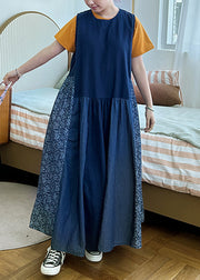 Vintage Navy Pockets Patchwork Cotton Tank Dresses Sleeveless