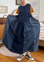 Vintage Navy Pockets Patchwork Cotton Tank Dresses Sleeveless