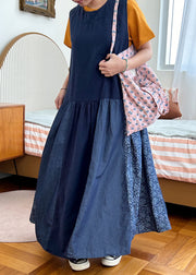 Vintage Navy Pockets Patchwork Cotton Tank Dresses Sleeveless