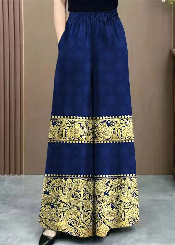 Vintage Navy Print Elastic Waist Cotton Wide Leg Pants