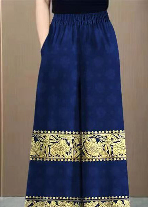 Vintage Navy Print Elastic Waist Cotton Wide Leg Pants