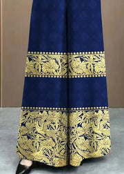 Vintage Navy Print Elastic Waist Cotton Wide Leg Pants