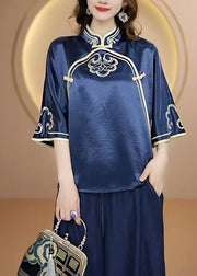 Vintage Navy Stand Collar Embroidered Silk Top Flare Sleeve