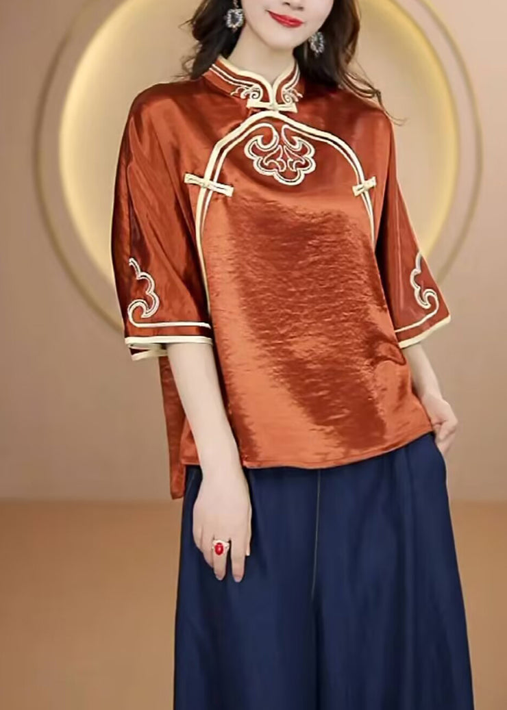 Vintage Navy Stand Collar Embroidered Silk Top Flare Sleeve