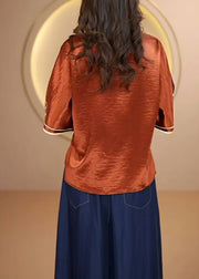 Vintage Navy Stand Collar Embroidered Silk Top Flare Sleeve