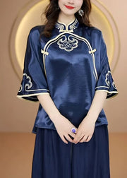Vintage Navy Stand Collar Embroidered Silk Top Flare Sleeve
