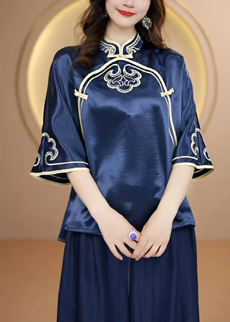 Vintage Navy Stand Collar Embroidered Silk Top Flare Sleeve