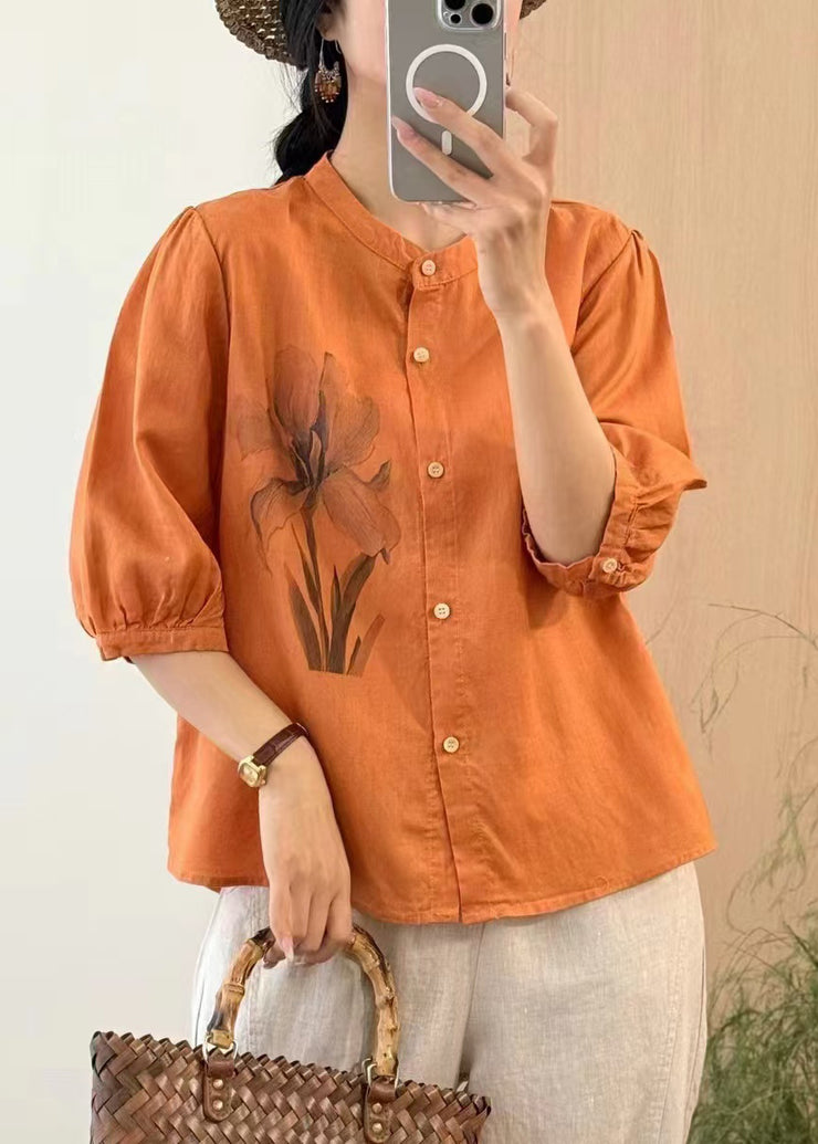 Vintage Orange Button Print Linen Blouses Half Sleeve