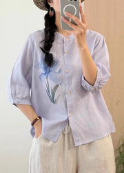 Vintage Orange Button Print Linen Blouses Half Sleeve
