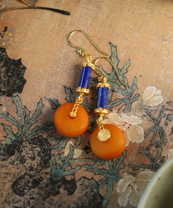 Vintage Orange Sterling Silver Overgild Amber Drop Earrings