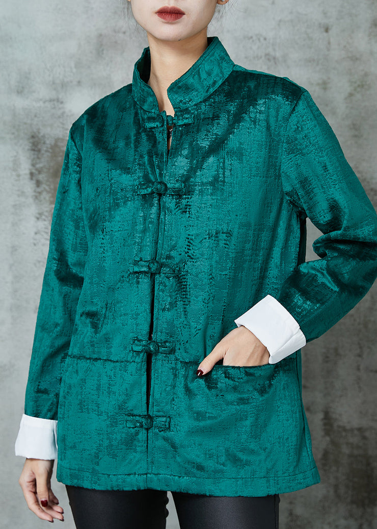 Vintage Peacock Green Stand Collar Chinese Button Cotton Coats Spring