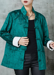 Vintage Peacock Green Stand Collar Chinese Button Cotton Coats Spring